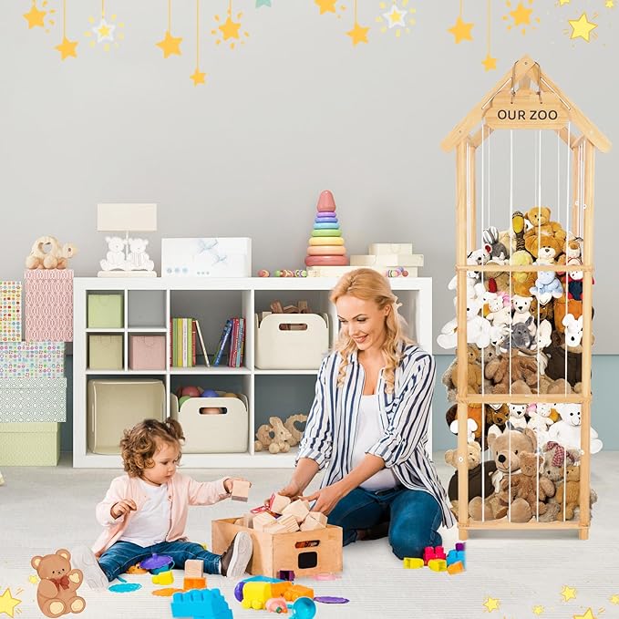 HOMIEE Stuffed Animal Storage Organizer, Wood Stuffed Animal Zoo Toy Holder for Kids Playrooms, Bedrooms, Nursery Room