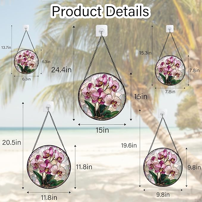 Stained Glass Window Hanging - Pink Purple Phalaenopsis Flowers Sun Catcher for Door Home Decor Plant Suncatcher Christmas Mother's Day Birthday Gifts for Women Men Mom Nana 11.8 in