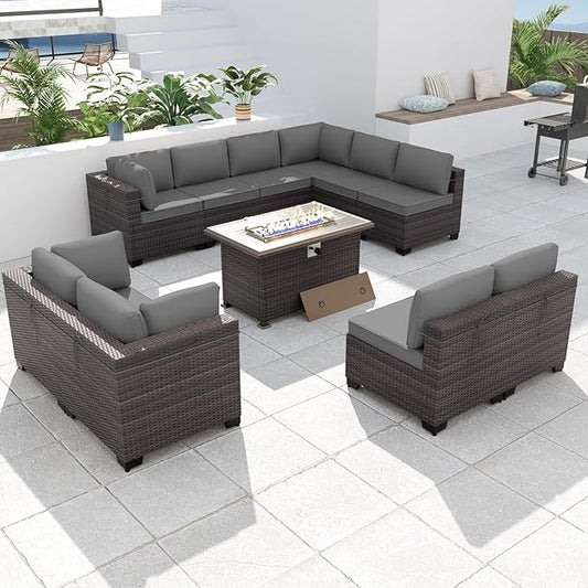 Kurapika 11 Pieces Patio Furniture Set, Rattan Wicker Outdoor Conversation Sets w/43in Propane Fire Pit Table and 4 Inch Cushion(Grey)