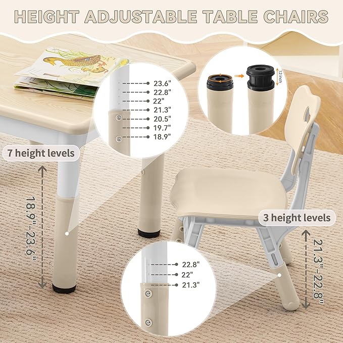 Kids Study Table and Chairs Set, Height Adjustable Toddler Table and Chair Set for Kids Ages 3-8, 31.5" L x 23.6" W Graffiti Desktop Plastic Children Art Table with 2 Seats, Burlywood