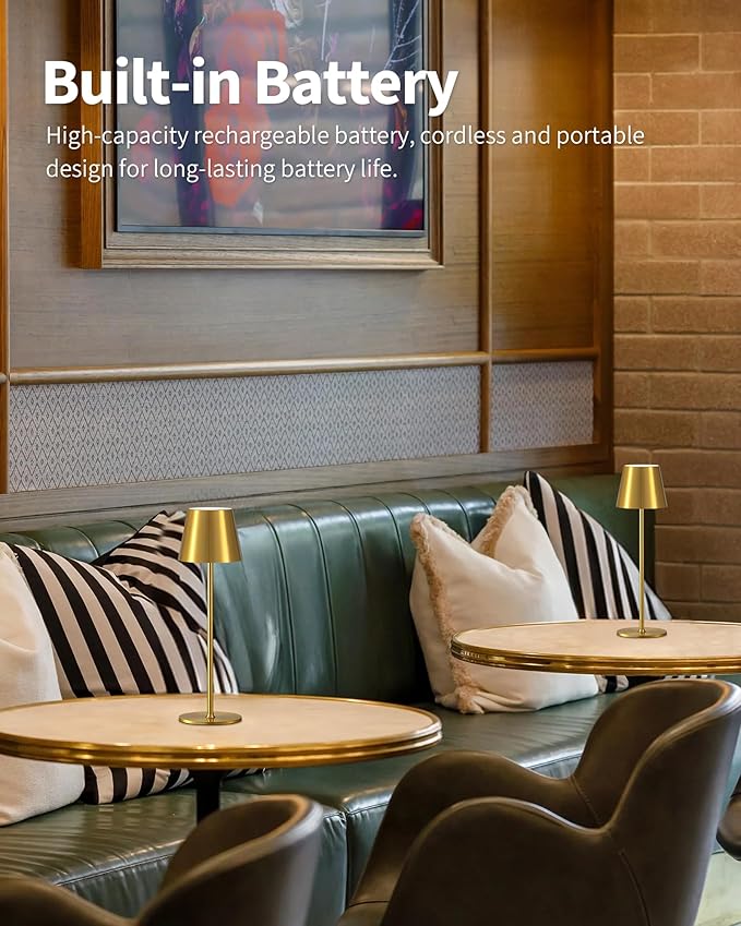 PUSU Cordless Rechargeable Table Lamp Set of 2, 4000mAh Battery Powered LED Desk Lamp, 3 Color Stepless Dimming Up, Portable Table Light Lamp for Bedroom Restaurant Outdoor (Gold)