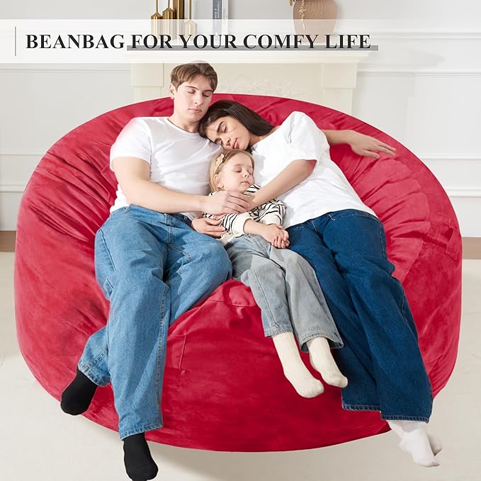 Homguava 6FT Bean Bag Chair Giant BeanBag with Memory Foam Filled, Large Bean Bag Chairs for Adults, Adult Bean Bag Chair with Dutch Velvet Cover for Living Room Bedroom-Red