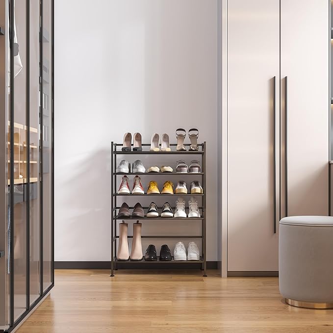 Seville Classics Sturdy Freestanding Storage Shelf for Bedroom, Closet, Entryway, Dorm Room Organizer, Stackable Durable Metal Shoe Rack, Espresso Slat, 3-Tier (2-Pack)