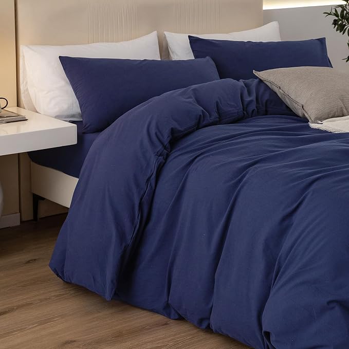 JIYUAN 100% Washed Cotton Duvet Cover Set 3 Pieces Full, 1 Duvet Cover 80x90 Inches(Comforter Not Included) and 2 Pillowcases,Linen Feel Bedding Set Comfy and Breathable,Navy Blue