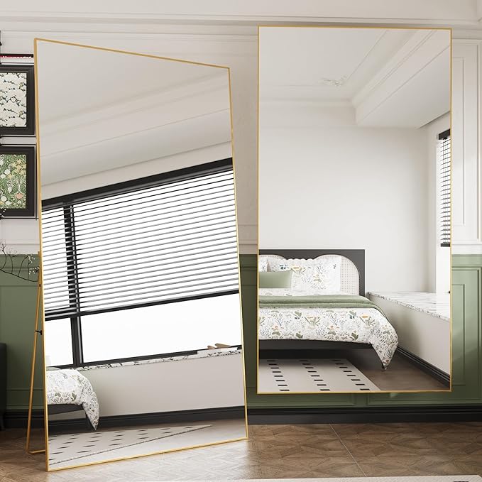 FANYUSHOW Full Length Mirror with Stand, 76"x34" Aluminum Alloy Frame Floor Mirror, Shatter-Proof Glass Free Standing, Leaning Against Wall or Wall-Mounted, for Bedroom Living Room Dressing Room Gold