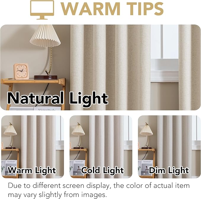 H.VERSAILTEX Linen Curtains 100% Blackout Curtains for Bedroom 63 inch Long Full Light Blocking Nature Linen Blended Window Curtains for Living Room Nickel Grommet (2 Panels, Heathered Linen)