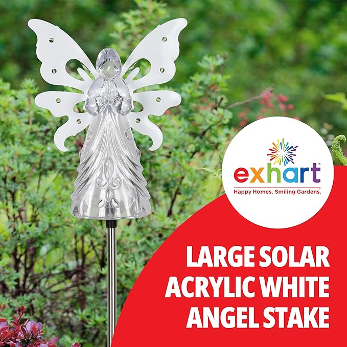 Exhart Garden Solar Lights, Decorative Angel Garden Stake, 13 LEDs, Cute Yard and Pathway Decor, White, 7 x 40 Inch