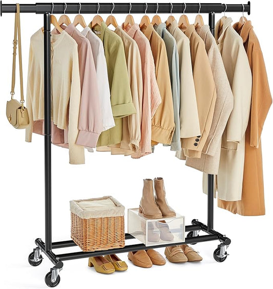 SONGMICS Clothes Rack with Wheels, Heavy-Duty Clothing Rack for Hanging Clothes, Portable, 17.7 x (36.2-52) x 63.6 Inches, with Extendable Rail, 220 lb Load Capacity, Black UHSR13BKV1