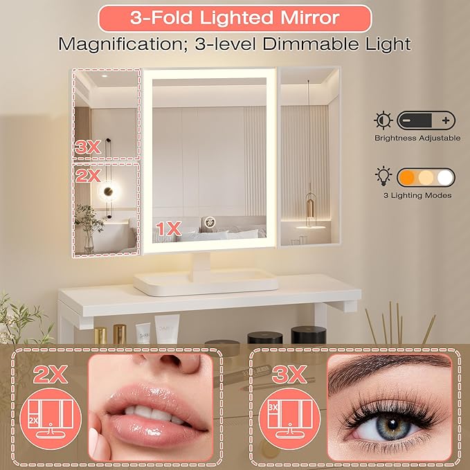 Vanity Desk with Mirror and Lights, 28.4''W Small Makeup Vanity Table with Height-Adjustable Stand, 2 Fabric Drawers Compact Makeup Desk, Gift for Girls, Bedroom Small Space, White