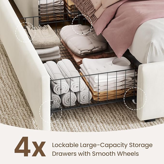 Queen Size Bed Frame with 4 Storage Drawers and LED, Adjustable Clouds Headborad,Velvet Upholstered Platform Queen Bed Frame with Charing Station,Wood Slats Support, No Box Spring Needed,White