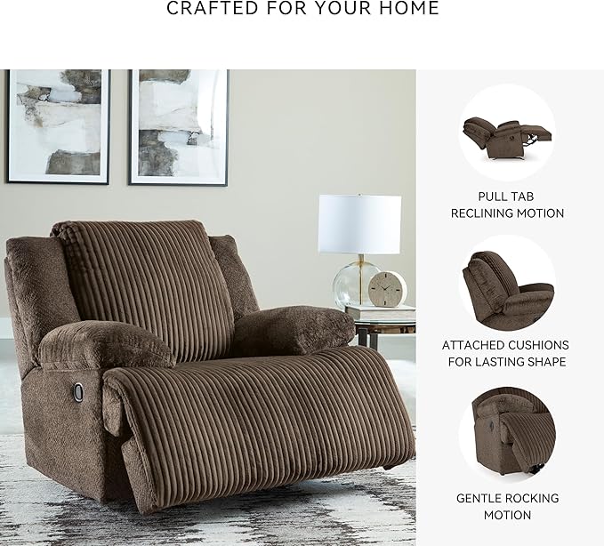 Signature Design by Ashley Top Tier Rocker Recliner, Pull Tab Recliner, Fabric Upholstery, Attached Foam Cushions, 50" W x 40" D x 41" H, Dark Brown