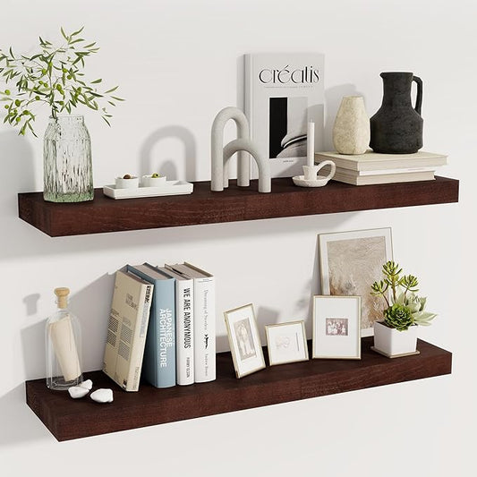 fuqing Floating Shelves for Wall - 36 Inch Natural Wood Shelves Set of 2-9.3 Inch Deep Wooden Wall Shelves with Upgraded Metal Brackets for Room