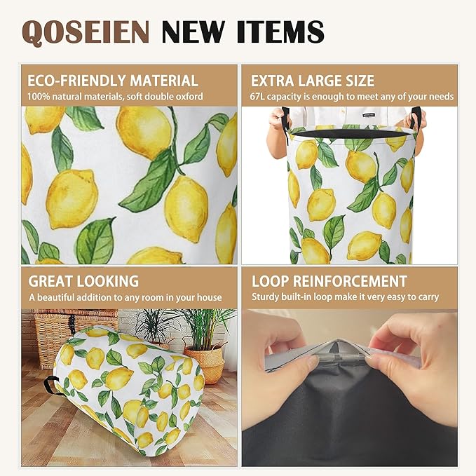 Lemon Laundry Basket,Leaves Collapsible Laundry Baskets with Handles,Waterproof Oxford Cloth Storage Basket 16"x20" for Bathroom/Bedroom/Dormitories