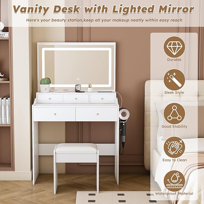 Ball & Cast Vanity Desk with Large Mirror & Power Outlet,3 Dimmable Colors Light Makeup Vanity Table Set with 5 Drawers & Chair,Adjustable Brightness Dressing Table for Women Girls Bedroom,White