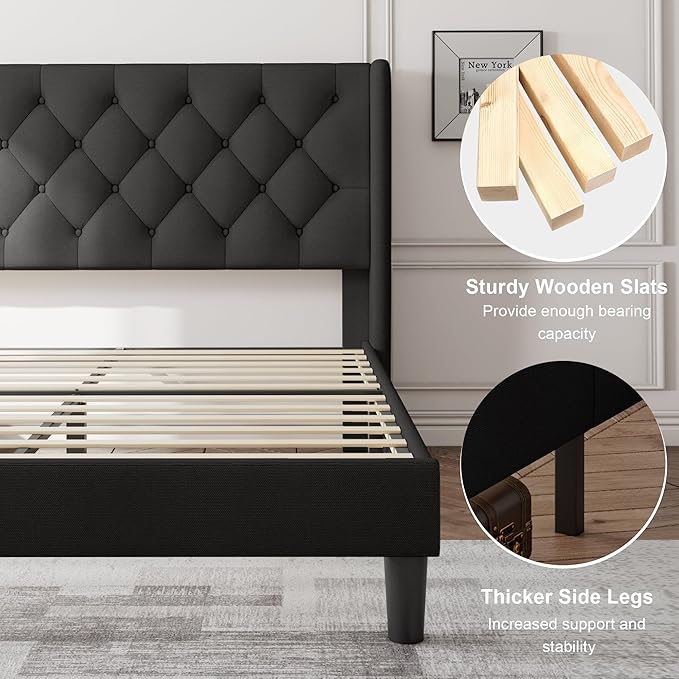 Feonase King Size Bed Frame with Wingback Tufted Headboard, Upholstered Platform Bed Frame with Heavy Duty Wooden Slats Support, Noise-Free, No Box Spring Needed, Easy Assembly, Black