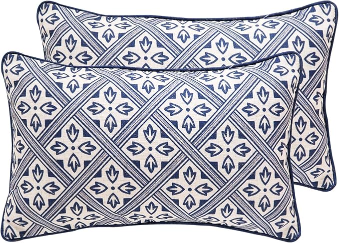 patdrea Designer Throw Pillow Covers Set of 2,Chinoiserie Blue Elegant Linen with Striped Floral Pattern Pillow Cover,Decorative Lumbar Pillowcases Cushion for Bed Living Room Outdoor Car,12"x20"