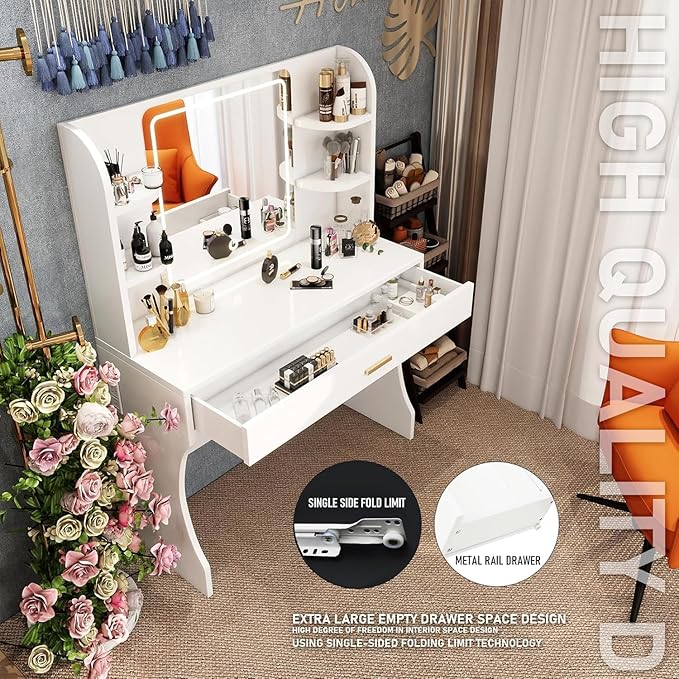 Vanity Desk, Makeup Vanity with LED Light Mirror, Small White Vanity with a Super Large Drawer and Power Outlet, 3 Color Lighting Modes Makeup Table for Bedroom, Dressing Room (White2)