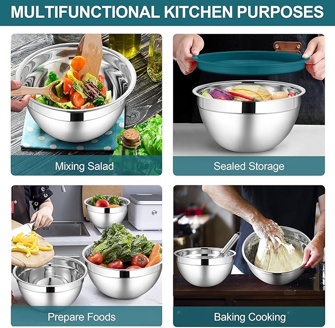 LIANYU 6 Piece Stainless Steel Mixing Bowls, Large Metal Bowls with Airtight Lids Set, 7 & 3.5 & 2.5 QT 2 & 1.5 & 1QT, Kitchen Nesting Bowls for Cooking Prepping Food Storage, Dishwasher Safe, Blue