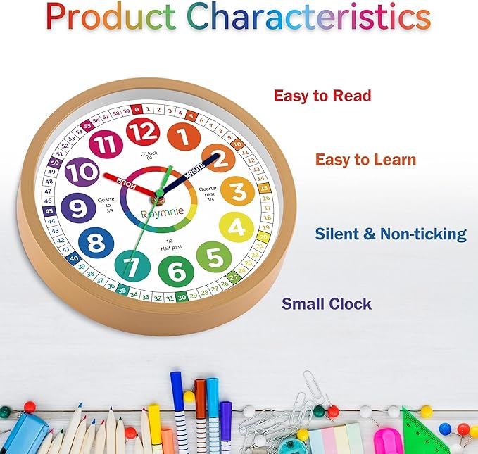 Wall Clock for Kids Learning to Tell Time Analog Non Ticking Battery Operated Kids Small Teaching Clock Silent Colorful Teaching Time Clock for Kids Room Classroom School（8 Inch）