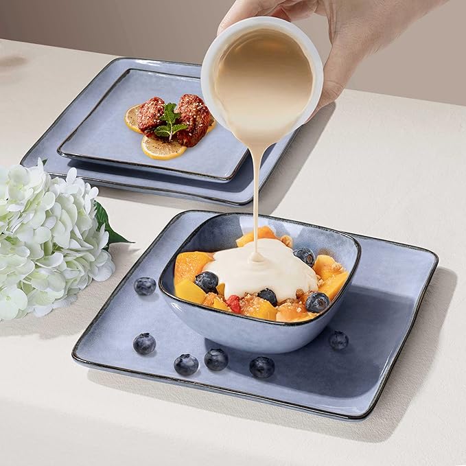 Herogo 12-Piece Square Stoneware Dinnerware Set for 4, Dinner Plates and Bowls Sets, Double Reactive Glaze Dishware Place Setting for Kitchen, Scratch Resistant, Microwave Safe, Haze Blue