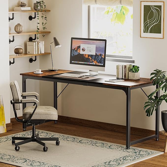 Huuger Computer Desk, 70 Inch Office Desk, Gaming Desk with Storage, Writing Desk Work Desk for Home Office, Study, Long Simple Desk, Large Legroom, Metal Frame, Rustic Brown and Black
