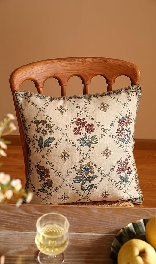 patdrea Designer Throw Pillow Covers Set of 2,Square Euro Retro Style Light Brown Linen with Floral Pattern Pillow Cover,Decorative Pillowcases Cushion for Bed Living Room Outdoor Car,18"x18"