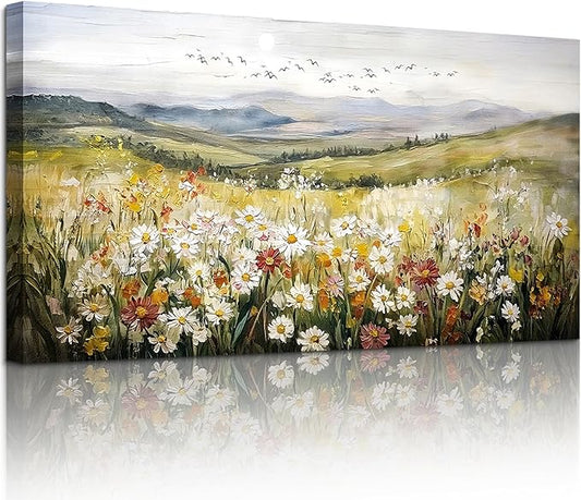 SERIMINO Mountain Floral Landscape Wall Art, Daisy Wildflower Large Canvas Painting, Hill Sunrise Scenery Wall Pictures, Modern Country Aesthetic Wall Decor Living Room Bedroom Art Prints 24X48 Inch