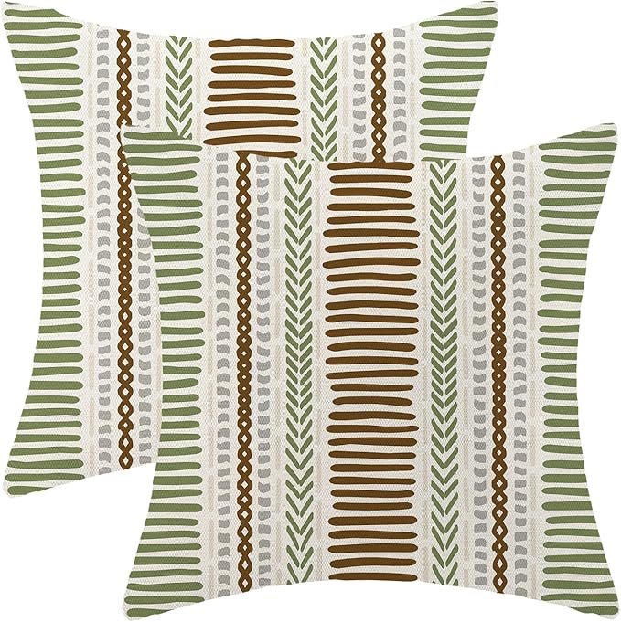 Boho Pillow Covers 18x18 Set of Brown Sage Green Stripes Throw Pillow Covers Outdoor Decoration,Abstract Modern Bohemian Farmhouse Linen Decorative Cushion Cover for Home Sofa Couch