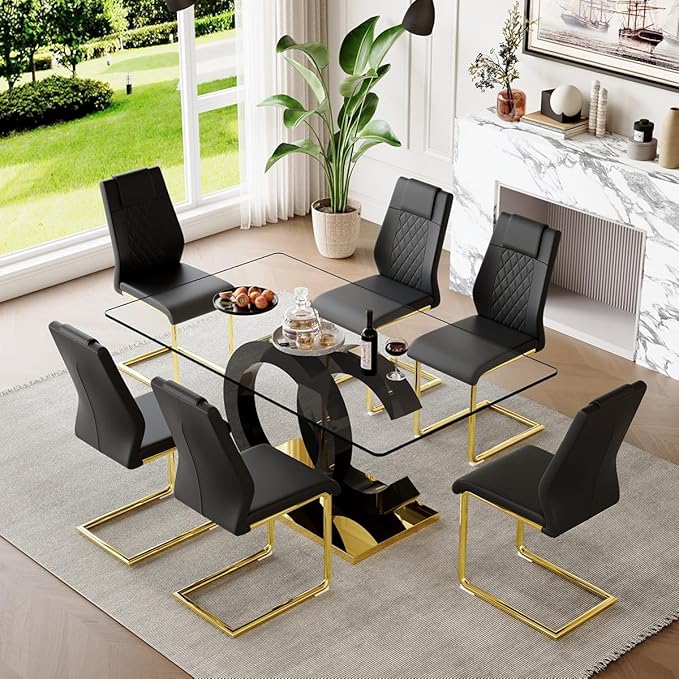 63'' Glass Dining Table Set for 6, Kitchen Table Chairs Set of 6, Clear Glass Dining Table with Black unique design Leg and Gold Metal Base, 6 PU Dining Chairs with Metal Legs, Living Room, Kitchen.