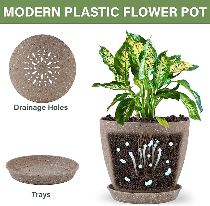 Plant Pots- 8.5/7.5/6.5/6 Inches 4 Pack Plastic Planters,Indoor Decor Flower Pots with Drainage Holes and Tray,Home Decor Flower pots for Indoor Plants Cactus, Succulents