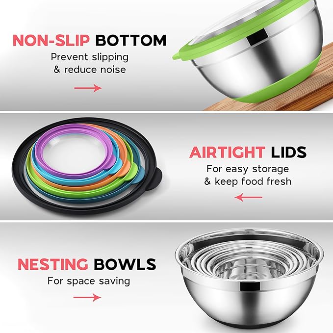 Colorful Mixing Bowl Set of 6 for Kitchen, Large Stainless Steel Metal Nesting Mixing Bowls with Airtight Lids, Non Slip - Size 1, 1.5, 2, 2.6, 3.5, 7QT