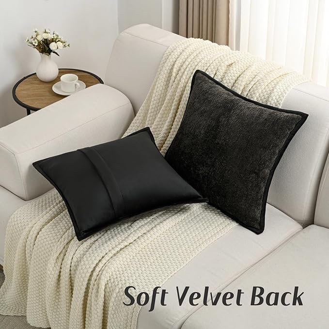 FUTEI Black Chenille Throw Pillow Covers 22x22 Inch Set of 2,Soft Cozy Bound Edge Design Cushion Case,Home Decor for Couch Bed Living Room