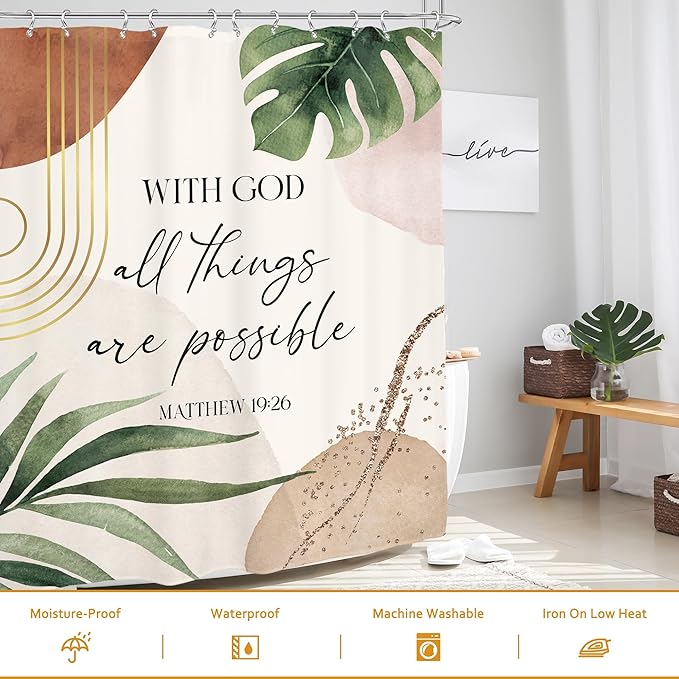 Glawry Boho Bible Verse Shower Curtain 60Wx72L Inches Inspirational Scriptures Quotes Abstract Tropical Green Palm Leaf Mid Century Christian Bathroom Bath Accessories Home Decor Fabric 12 Pack Hooks