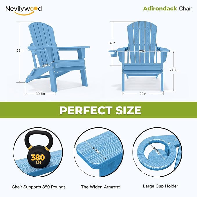 nevilywood Folding Adirondack Chair with Cup Holder Set of 2,All-Weather Adirondack Chair,Patio Chair,HDPE-Wooden Textured Lawn Chair- Light Blue