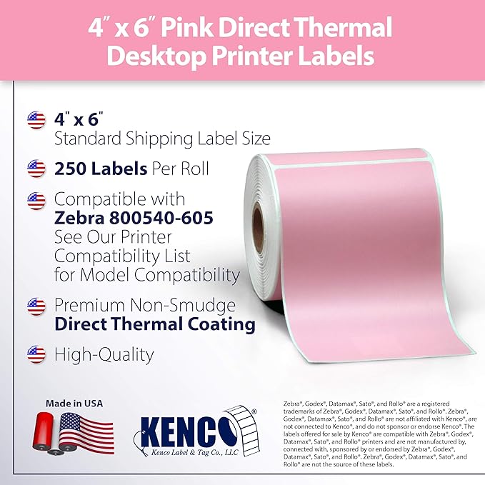 4" X 6" Direct Thermal Perforated Stickers Labels for Shipping Labels, Inventory, and Color Coding - Compatible with Zebra, Rollo, Godex and More (Pink, 48 Rolls)