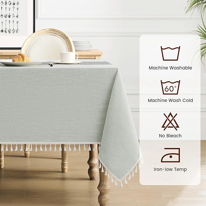 puredown® Rustic Rectangle Tablecloth, Waterproof Cotton Linen Tablecloth with Tassel, Wrinkle Free Farmhouse Table Cloths for Kitchen Dining Outdoor, 55"x120",10-12 Seats, Gray