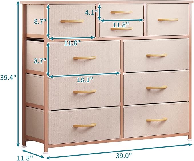LUMTOK 10-Drawer Dresser, Fabric Storage Dressers Drawers for Bedroom, Hallway, Nursery, Closets, Steel Frame, Wood Top, Easy Pull Handle (Rose Gold)