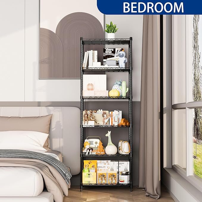 REGILLER 6 Wire Shelving Steel Storage Rack Adjustable Unit Shelves for Laundry Bathroom Kitchen Pantry Closet(Black,11.7" D x 21.4" W x 63" H)