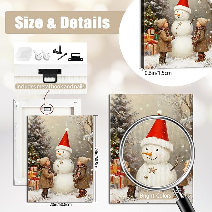 Vintage Snowman with Children Christmas Canvas Wall Art - Rustic Winter Scene Framed Prints for Livingroom & Bedroom, Cozy Farmhouse Christmas Wall Art, Unique Christmas Gifts & Festive Decorations