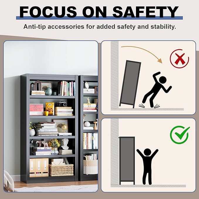 61" Metal Bookshelf and Bookcase | 5-Tier Adjustable Shelves, Deep Modern Storage Shelf for Living Room, Office, Bedroom (Black)