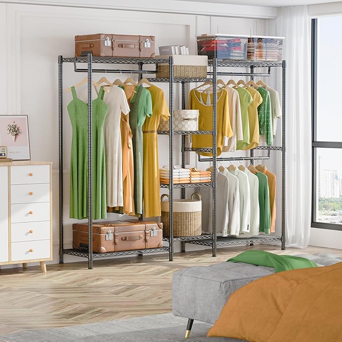 LEHOM G6 Wire Garment Rack Heavy Duty Clothes Rack Compact Size Armoire Storage Rack Freestanding Metal Clothing Closet Wardrobe with 3 Hanger Rod and 4 Large Shelves 4 Small Shelves, Black