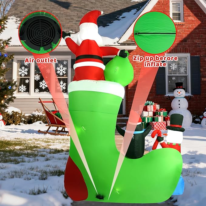 9FT Santa Claus Sitting on a Sock, Built-in LED Lights, Suitable for Christmas Lawn, Garden, Courtyard Outdoor Inflatable Decoration