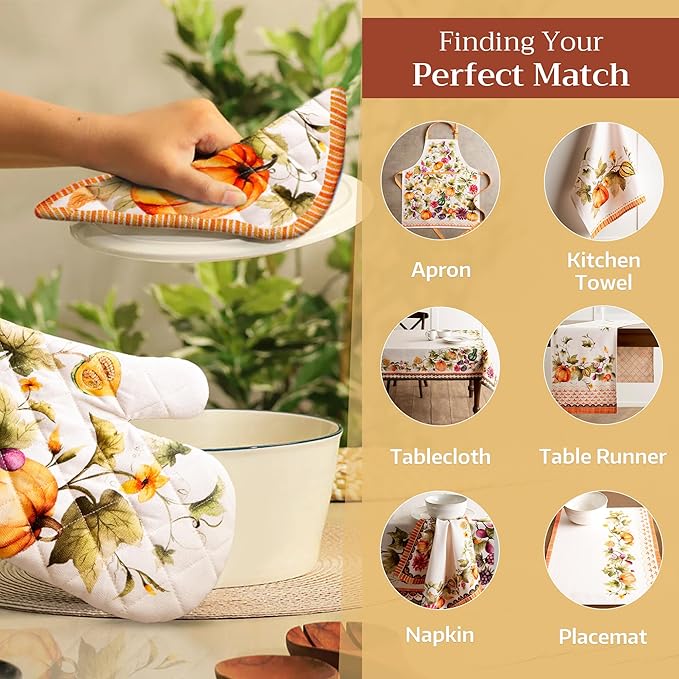 Maison d' Hermine Pot Holders 100% Cotton Heat Resistant Potholders 8" x 8" Hot Pads with Loop for Thanksgiving Christmas Decoration Baking Handling Hot Pans (Pack of 1, Pumpkin Garden - Cloudy Cream)