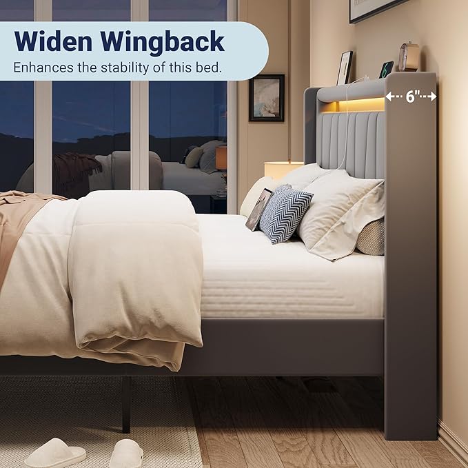 Allewie Full Size LED Bed Frame with Charging Station, Velvet Upholstered Platform Bed with Geometric Wingback Headboard, Modern Frame with No Box Spring Needed, Easy Assembly, Grey