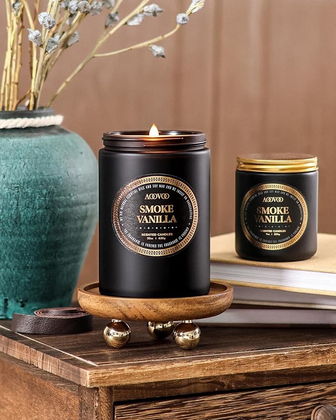 AOOVOO Scented Candles for Men - Large 22oz 120 Hours of Burn Time, Smoke & Vanilla Candles for Home Scented | Crackling Wood Wick Soy Candle | Strong Fragranced Black Candle Gift for Women & Men