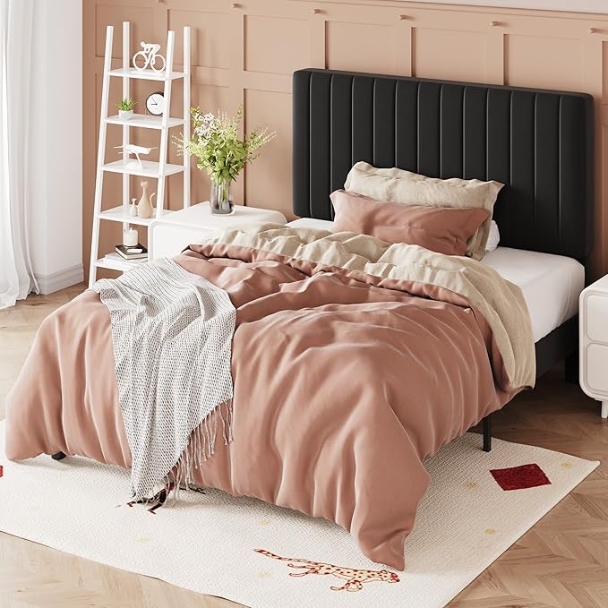 Allewie Twin Bed Frame, Velvet Upholstered Platform Bed with Adjustable Vertical Channel Tufted Headboard, Mattress Foundation with Strong Wooden Slats, Box Spring Optional, Easy Assembly, Black