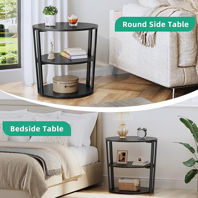 Rotating Round Side Table, 3-Tier End Table with Metal Frame, Nightstand for Small Spaces, Side Table Living Room Bedroom Sofa Bathroom, Pure Black