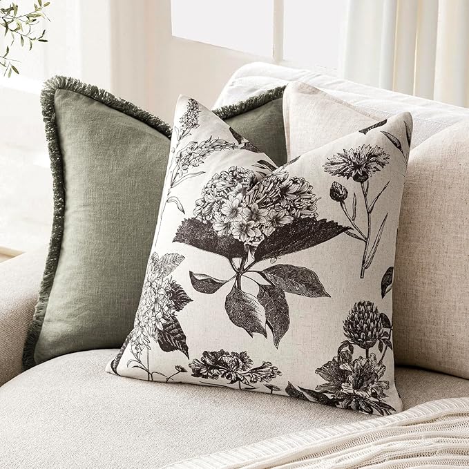 Foindtower Set of 2 Linen Floral Vintage Throw Pillow Covers Neutral Accent Print Decorative Cushion Covers Farmhouse Boho Home Decor for Sofa Chair Couch Bedroom Living Room Outdoor,22×22 Inch,Black