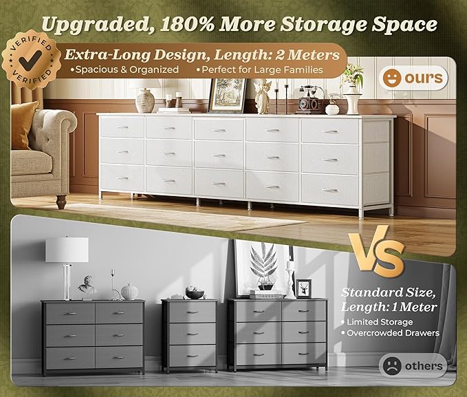 Huuger 78.7 inch Long Dresser for Bedroom, 15 Drawer Fabric Dresser for Closet, Large TV Stand for 65, 75, 85 inch TV, Wide Chest of Drawer with Storage, 78.7" W x 12.9" D x 26.7" H, White