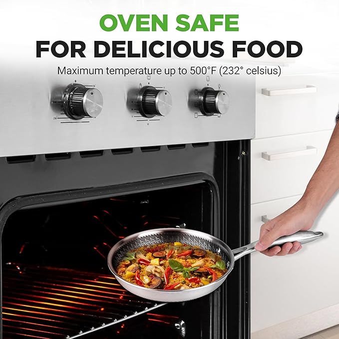 NutriChef 8" Stainless Steel Frying Pan - Triply Kitchenware Stir Fry Pan Kitchen Cookware w/DAKIN Etching Non-Stick Coating, Scratch-resistant Raised-up Honeycomb Fire Textured Pattern - NC3PL8